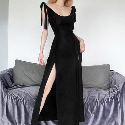 BerryBetty - Self tie solid u neck slit backless sleeveless maxi dress