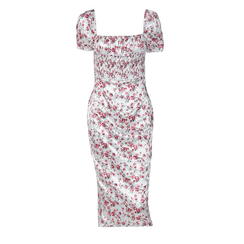 BerryBetty - Satin flower pattern print zip-up ruched square neck short sleeve midi dress