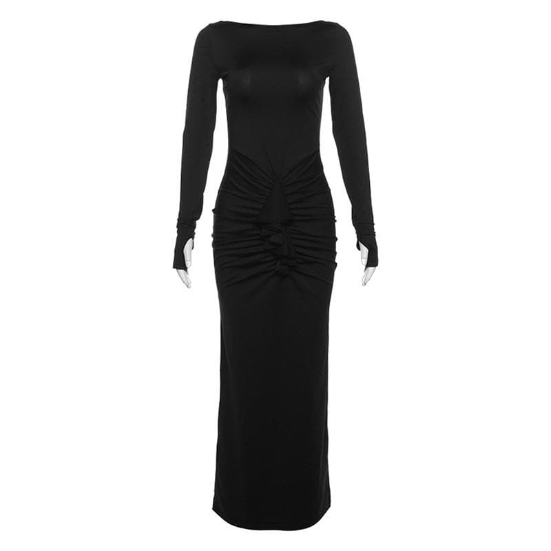 BerryBetty - Ruched long sleeve solid gloves round neck maxi dress