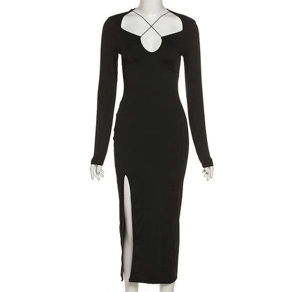 BerryBetty - Cross front long sleeve slit notch neck solid midi dress