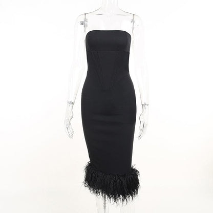 BerryBetty - Sleeveless solid feather backless tube dress