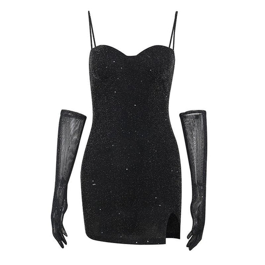 BerryBetty - Gloves solid beaded slit sweetheart neck cami mini dress