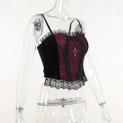 BerryBetty - Backless lace patchwork ruffle contrast cami crop top