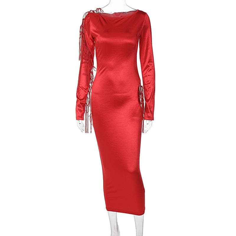 BerryBetty - Long sleeve solid satin hollow out self tie crewneck midi dress