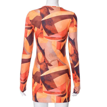 BerryBetty - Contrast print long sleeve crewneck mini dress