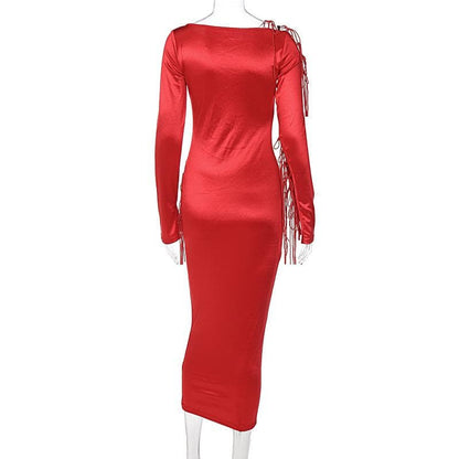 BerryBetty - Long sleeve solid satin hollow out self tie crewneck midi dress