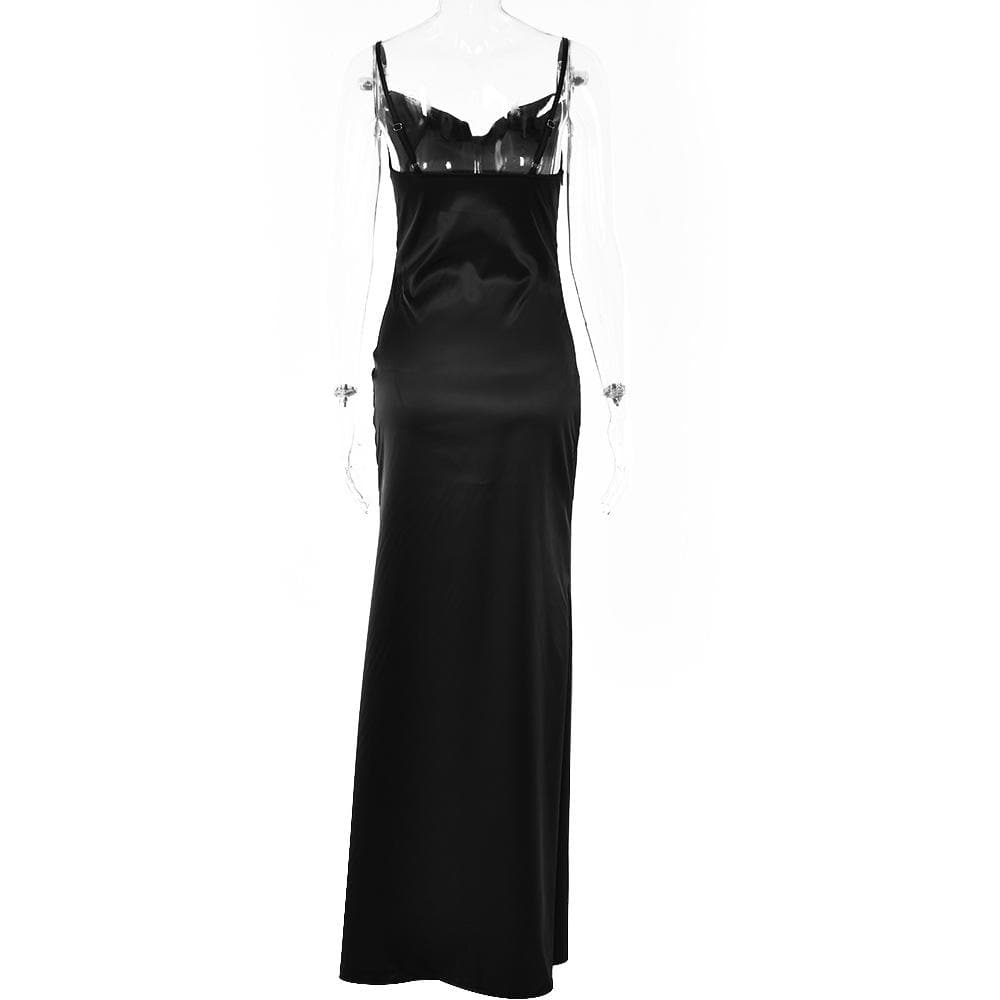 BerryBetty - Solid sleeveless cowl neck slit ruched backless cami maxi dress