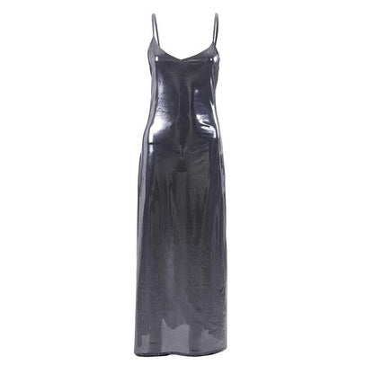 BerryBetty - Metallic v neck backless solid low cut cami maxi dress