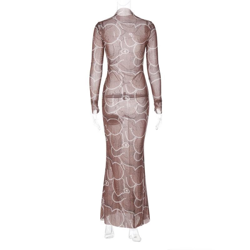 BerryBetty - Sheer mesh see through high neck long sleeve beaded maxi dress