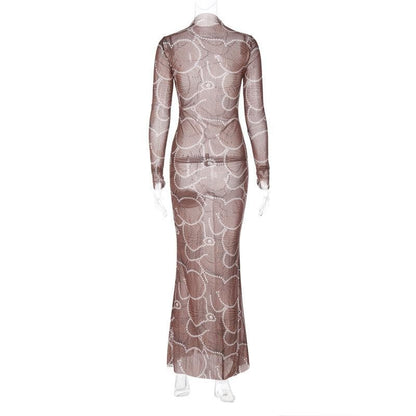 BerryBetty - Sheer mesh see through high neck long sleeve beaded maxi dress