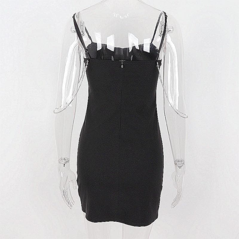 BerryBetty - Metal chain zip-up solid sweetheart neck tassels cami dress