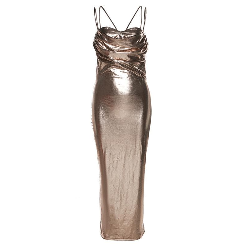 BerryBetty - Metallic ruched backless patchwork solid midi dress