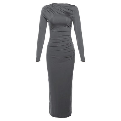 BerryBetty - Ruched solid long sleeve zip-up maxi dress