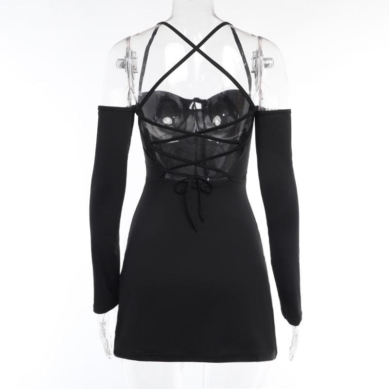 BerryBetty - Lace up solid cross back off shoulder long sleeve mini dress