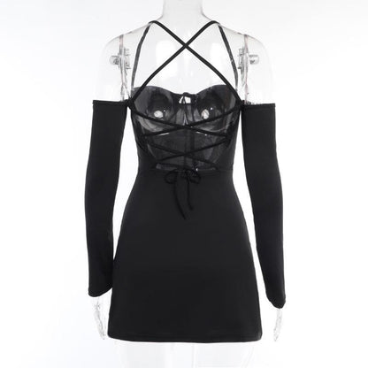 BerryBetty - Lace up solid cross back off shoulder long sleeve mini dress