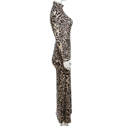 BerryBetty - Leopard print contrast high neck long sleeve maxi dress