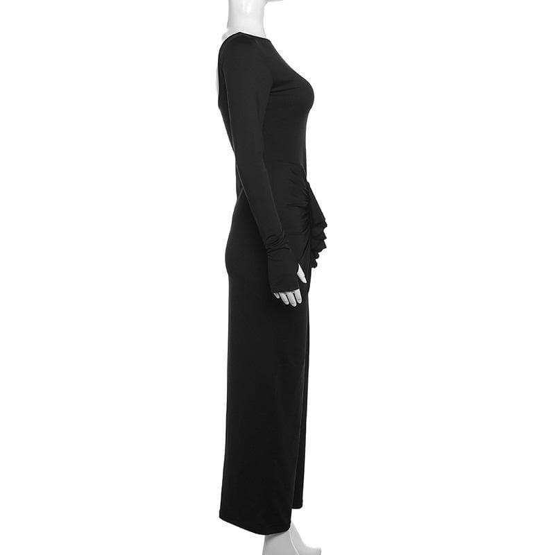 BerryBetty - Ruched long sleeve solid gloves round neck maxi dress