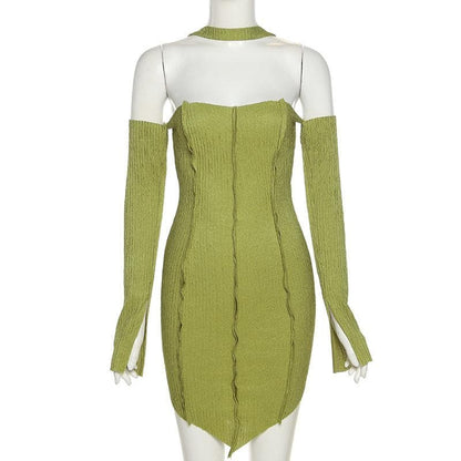 BerryBetty - Textured stitch halter solid long sleeve off shoulder dress