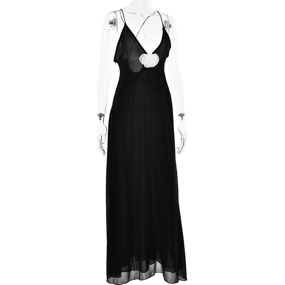 BerryBetty - Flower applique v neck ruched zip-up cross back maxi dress