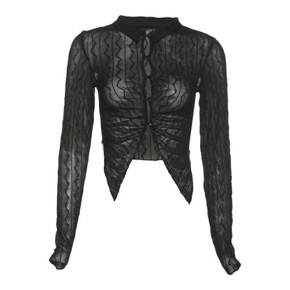 BerryBetty - Ruffled mesh turnover collar buttoned crop top