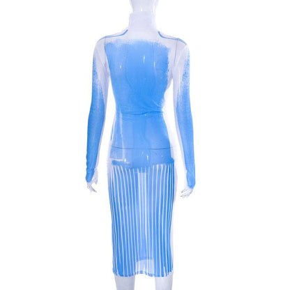 BerryBetty - Sheer mesh see through turtle neck long sleeve contrast print midi dress