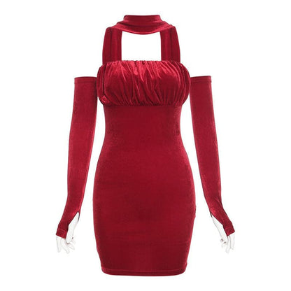 BerryBetty - Velvet solid ruched gloves halter mini dress