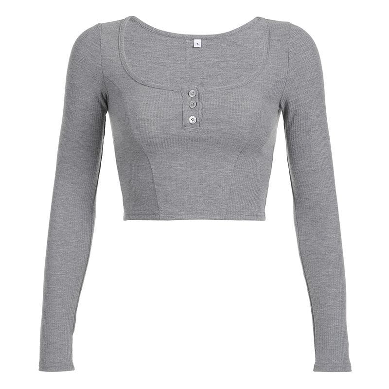 BerryBetty - Button long sleeve square neck solid crop top - Final Sale