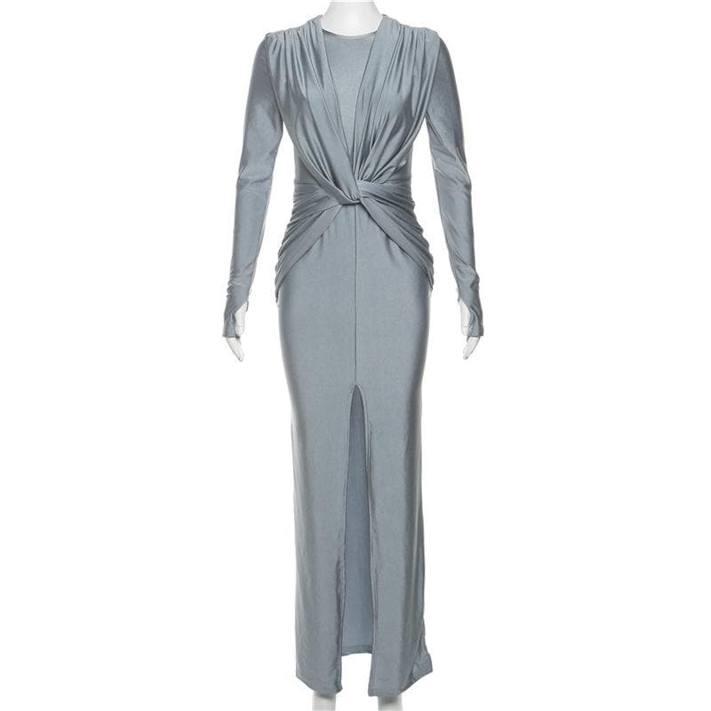 BerryBetty - Knotted slit solid long sleeve ruched maxi dress