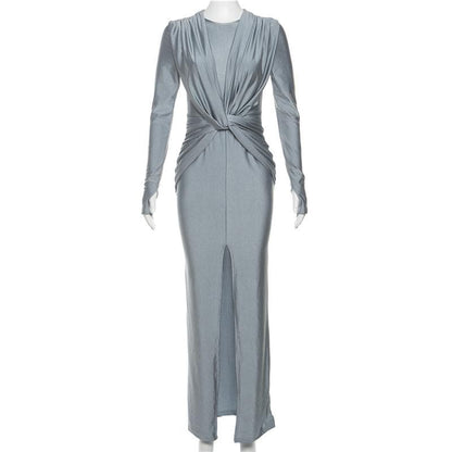 BerryBetty - Knotted slit solid long sleeve ruched maxi dress