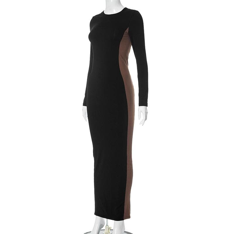 BerryBetty - Patchwork contrast long sleeve slit crewneck maxi dress