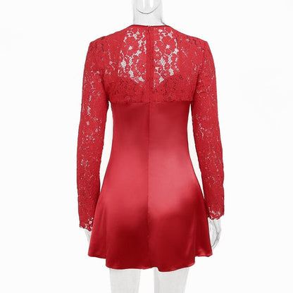 BerryBetty - Lace zip-up long sleeve patchwork padded mini dress