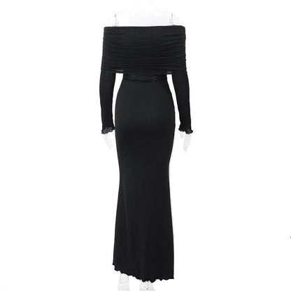 BerryBetty - Ruched solid long sleeve off shoulder ruffle maxi dress