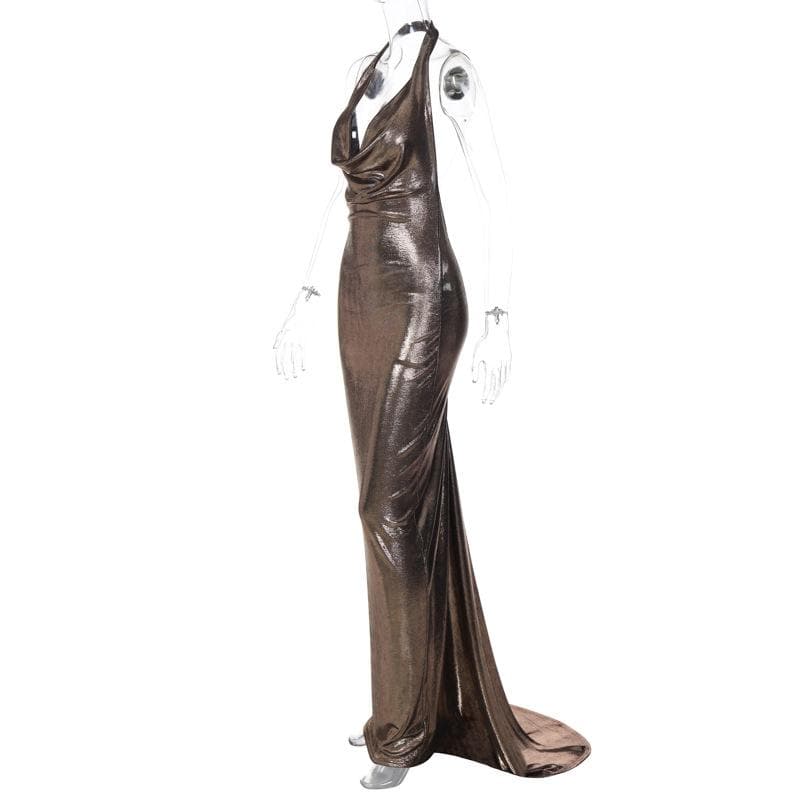 BerryBetty - Metallic cowl neck ruched halter backless maxi dress