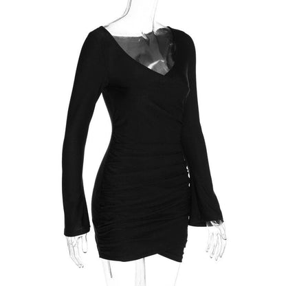 BerryBetty - Ruched solid long sleeve v neck mini dress