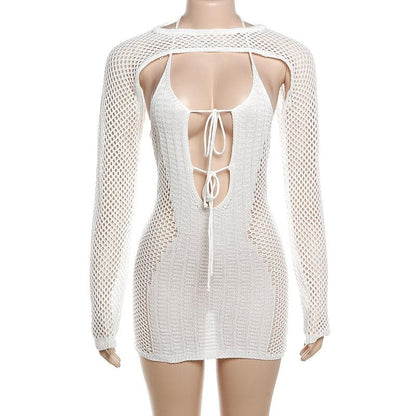 BerryBetty - Fishnet hollow out solid long sleeve backless shrug mini dress