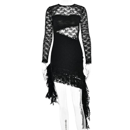BerryBetty - Lace backless solid ruffle long sleeve irregular mini dress
