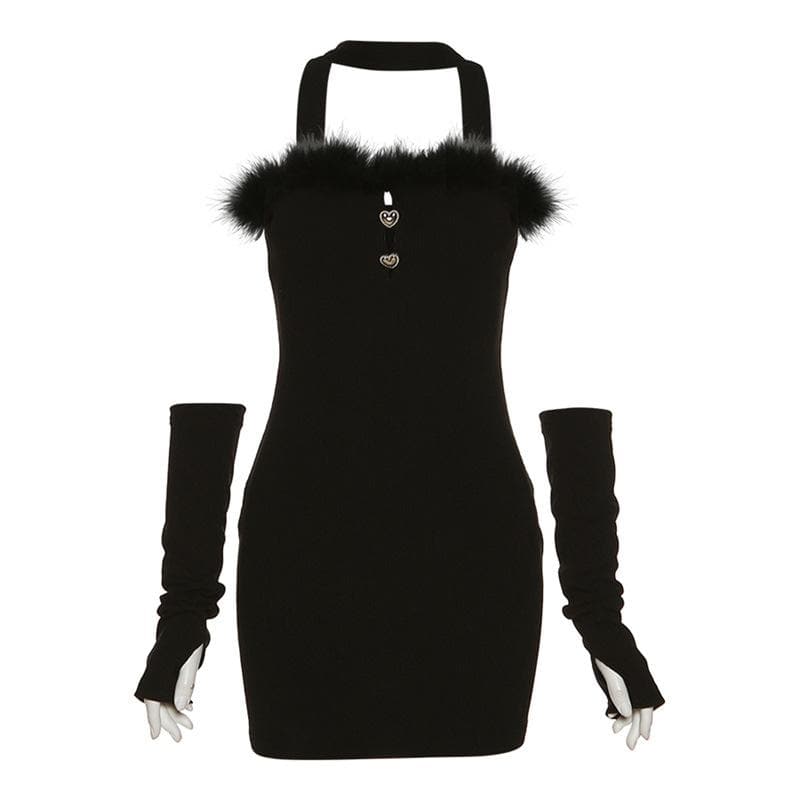 BerryBetty - Halter solid hollow out feather gloves mini dress