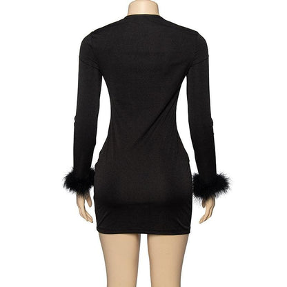 BerryBetty - Feather patchwork solid long sleeve low cut mini dress