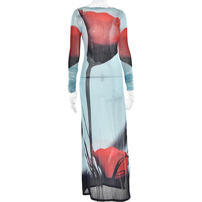 BerryBetty - Sheer mesh see through abstract contrast long sleeve slit maxi dress