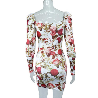 BerryBetty - Square neck long sleeve contrast flowers print mini dress