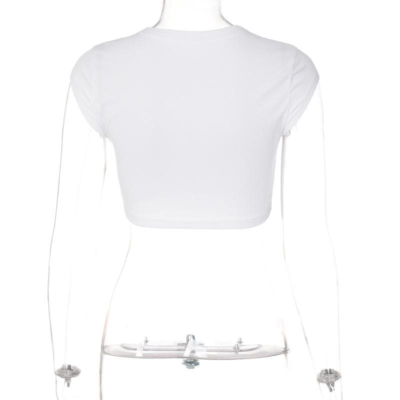 BerryBetty - ���SPOILED��� embroidery contrast crewneck cap sleeve crop top