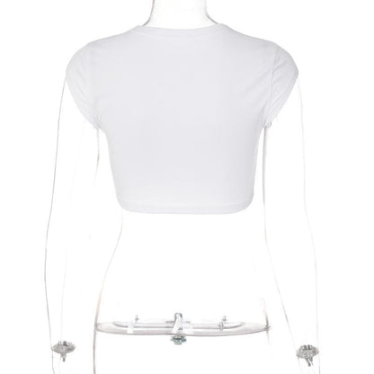 BerryBetty - ���SPOILED��� embroidery contrast crewneck cap sleeve crop top