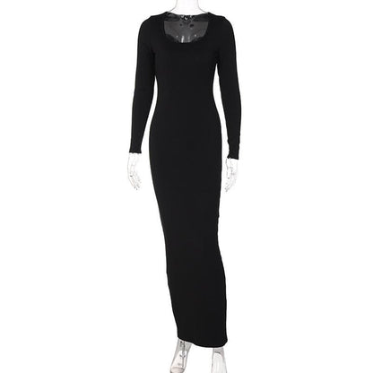 BerryBetty - Long sleeve solid u neck maxi dress