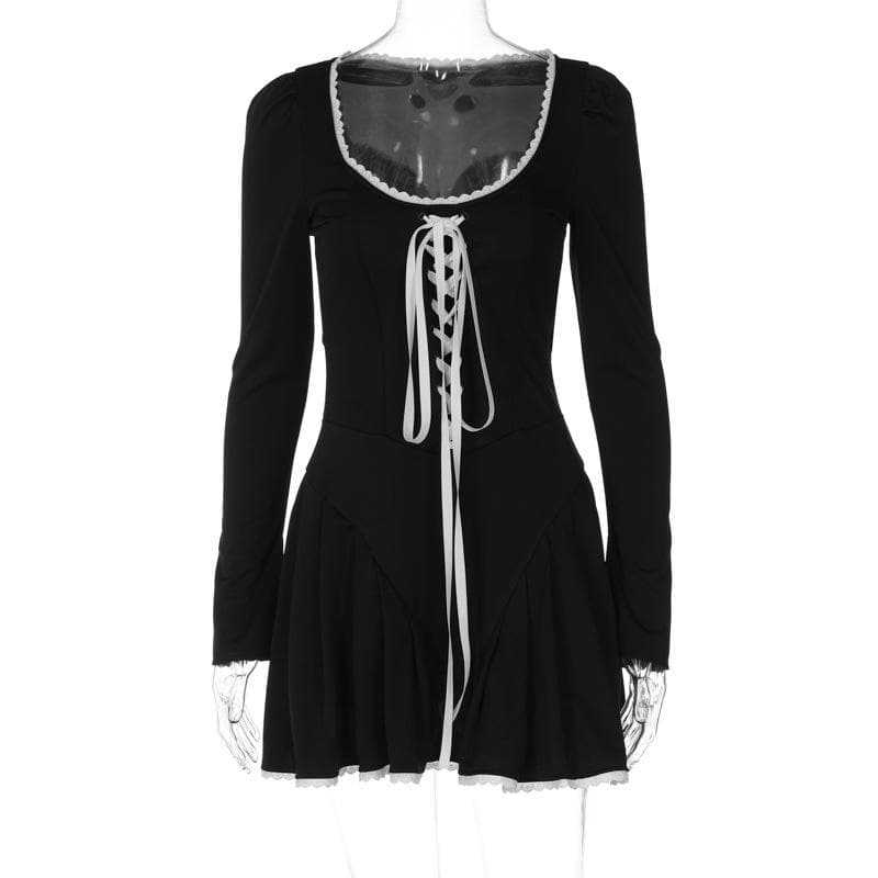 BerryBetty - Lace hem contrast long sleeve u neck lace up mini dress