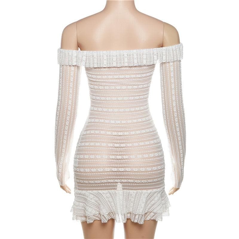 BerryBetty - Lace see through off shoulder ruffle long sleeve solid mini dress