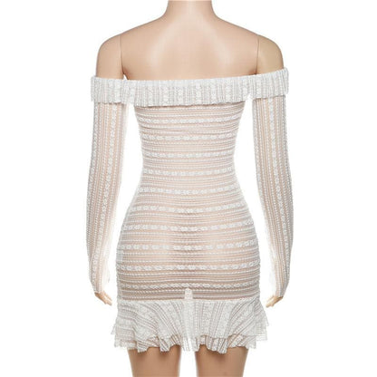 BerryBetty - Lace see through off shoulder ruffle long sleeve solid mini dress