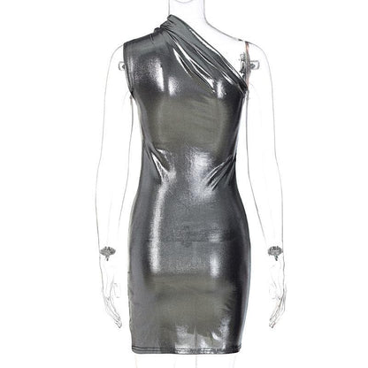 BerryBetty - Metallic one shoulder ruched sleeveless irregular mini dress