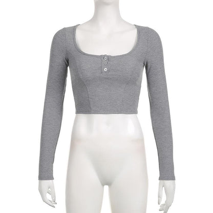 BerryBetty - Button long sleeve square neck solid crop top - Final Sale