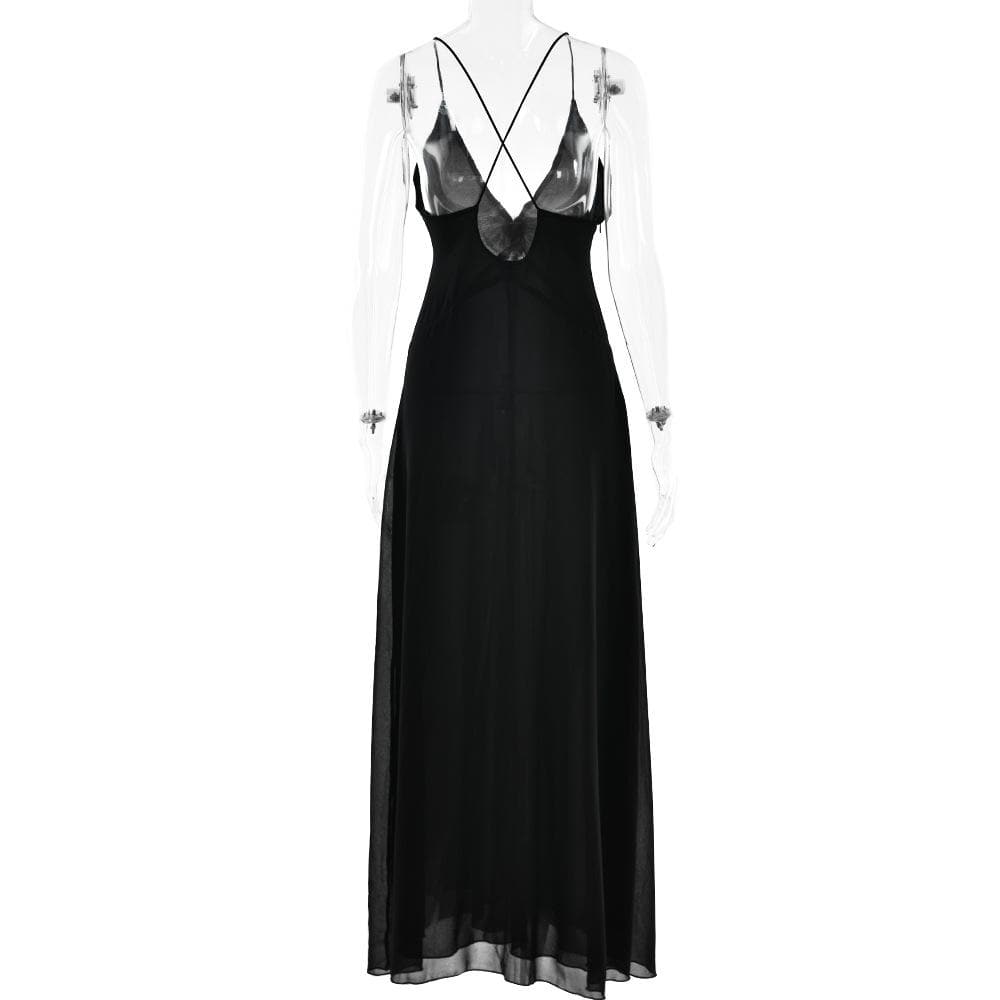 BerryBetty - Flower applique v neck ruched zip-up cross back maxi dress