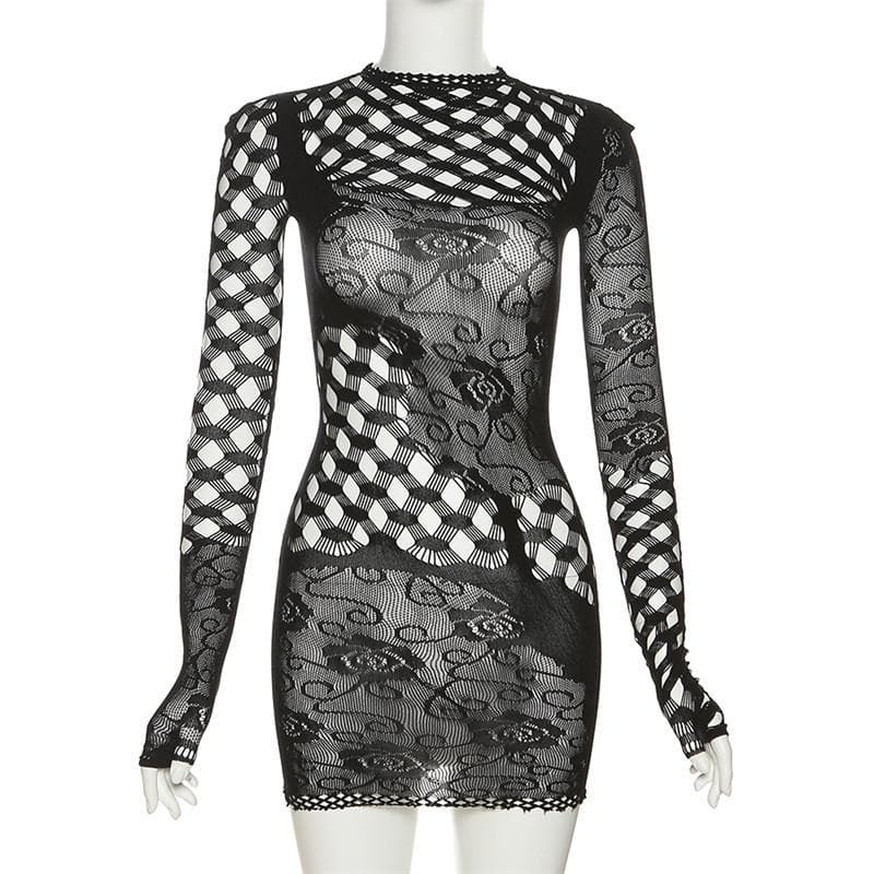 BerryBetty - Fishnet long sleeve hollow out see through irregular mini dress